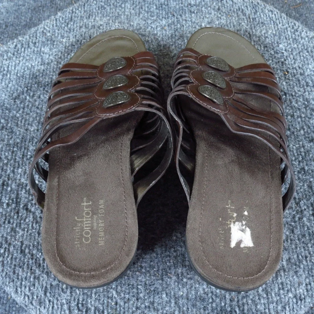 Strictly Comfort Women Strappy Wedge Sandals Sz 9.5 Casual Slide Brown Medallion